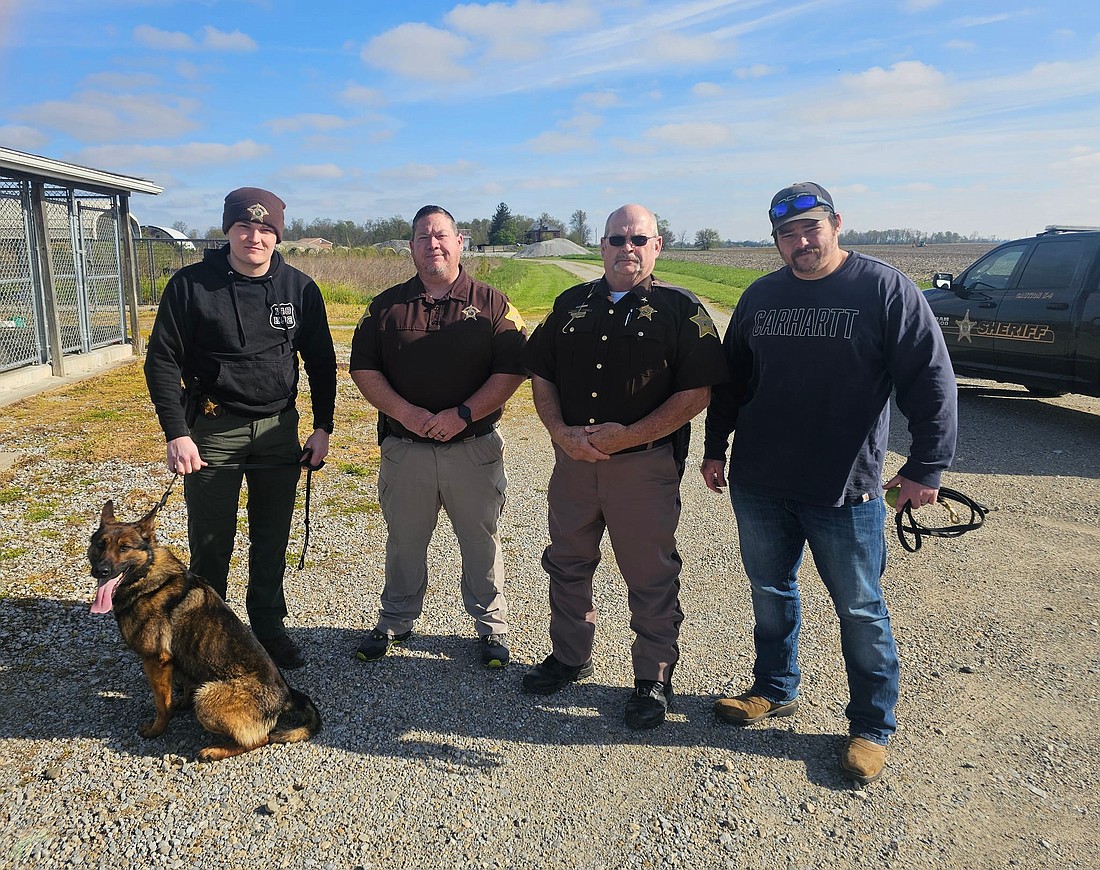 Pictured is Deputy Lunsford with Ice, Captain Chad Blaes, Sheriff Jeff Adams and K9 Deputy Kyle McMurry.