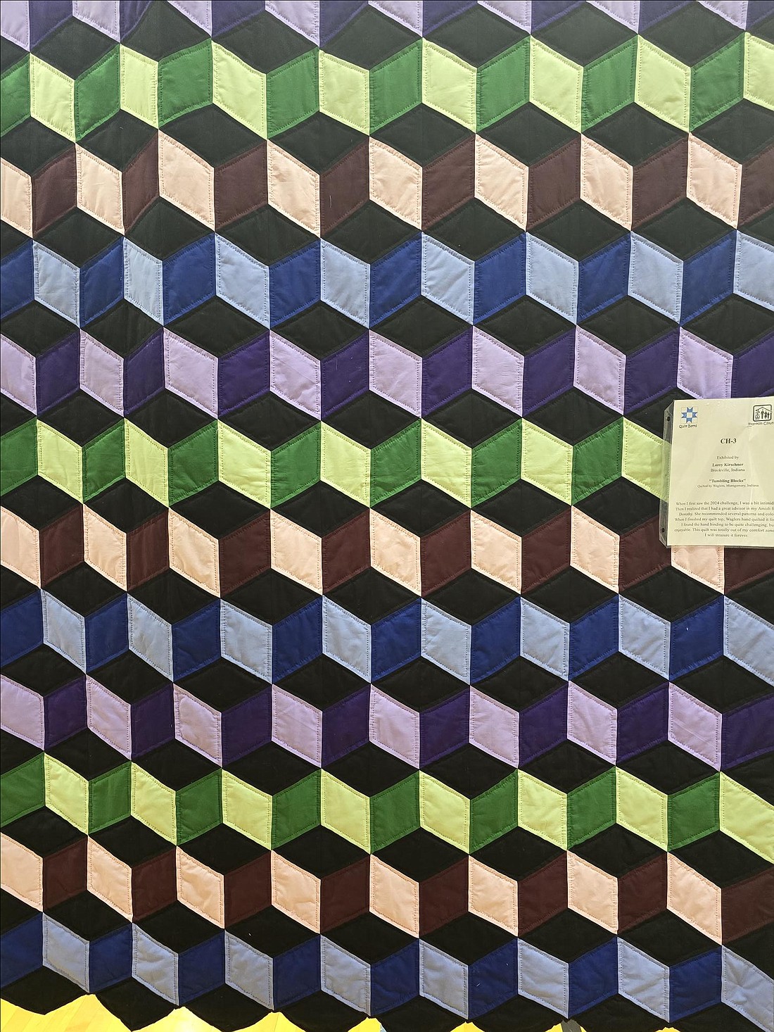 “Tumbling Blocks” quilted by Waglers, Montgomery Indiana.