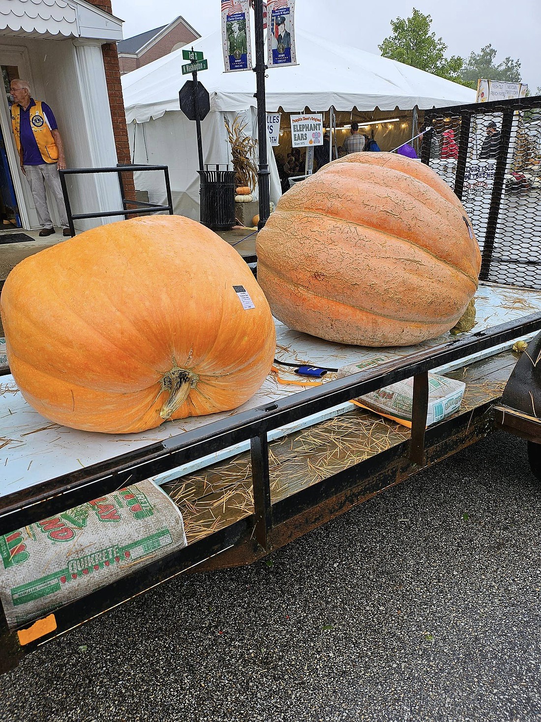 Pictured are Jerry Walker’s pumpkins weighing in at 1000.5 pounds and  562.5lbs.