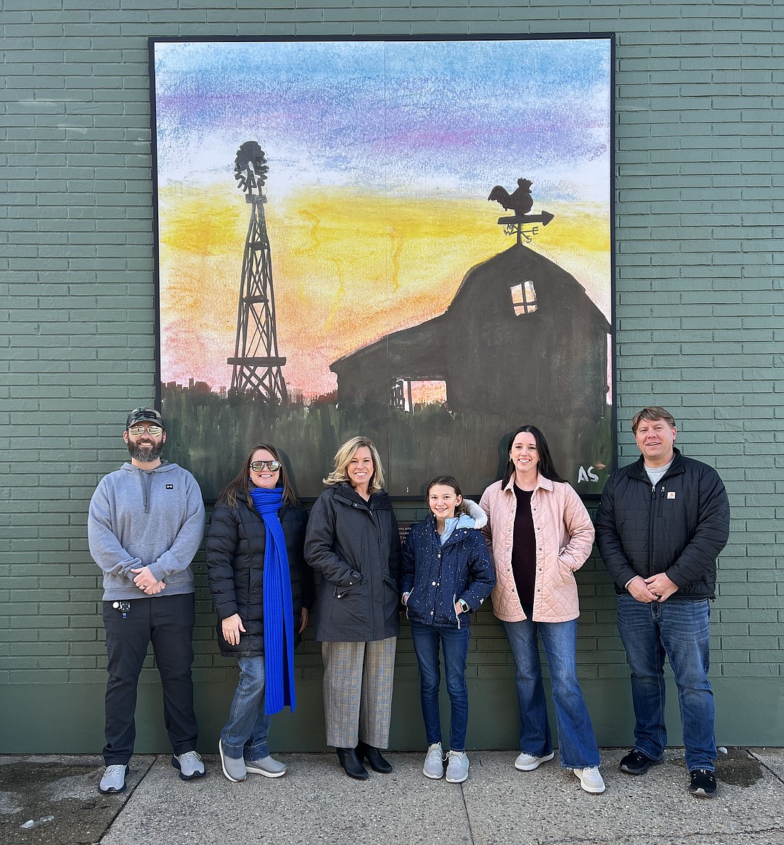 Pictured left to right are BCEF Art on Main committee members Jimmy Rowland and Jama Linkel-Cleghorn, BIS principal Dana Cassidy, artist Audrey Swain, BIS art teacher Olivia Harms and BCEF board president and Art on Main program chair Ryan Holcomb.